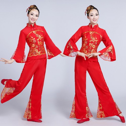 Women's folk dance costumes female st green red Chinese yangko stage performance competition folk fan dance costumes outfits